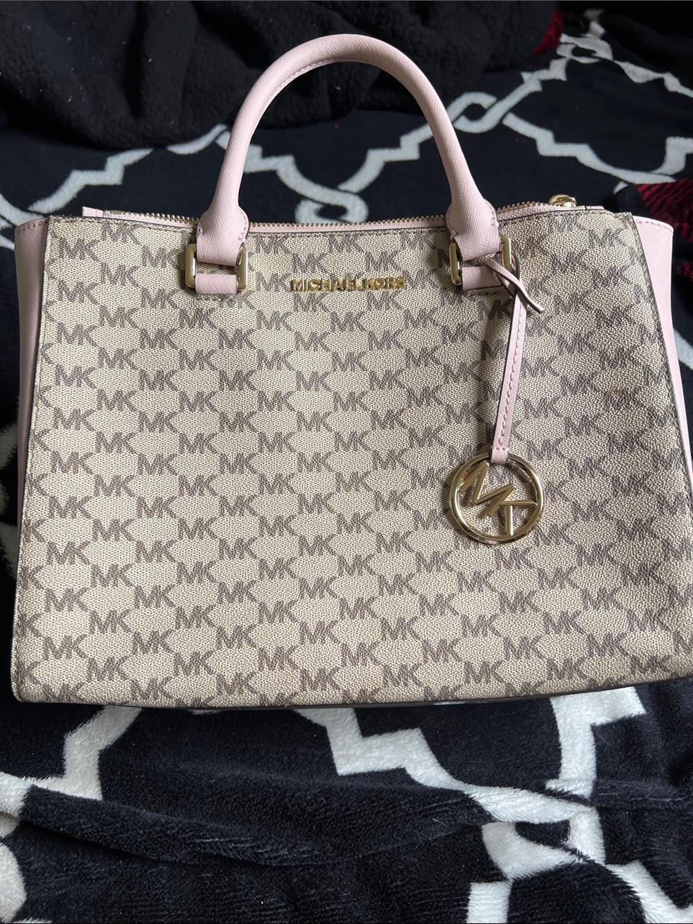 Michael Kors Beige MK Monogram Satchel with Pale Pink Trim and Gold Accent